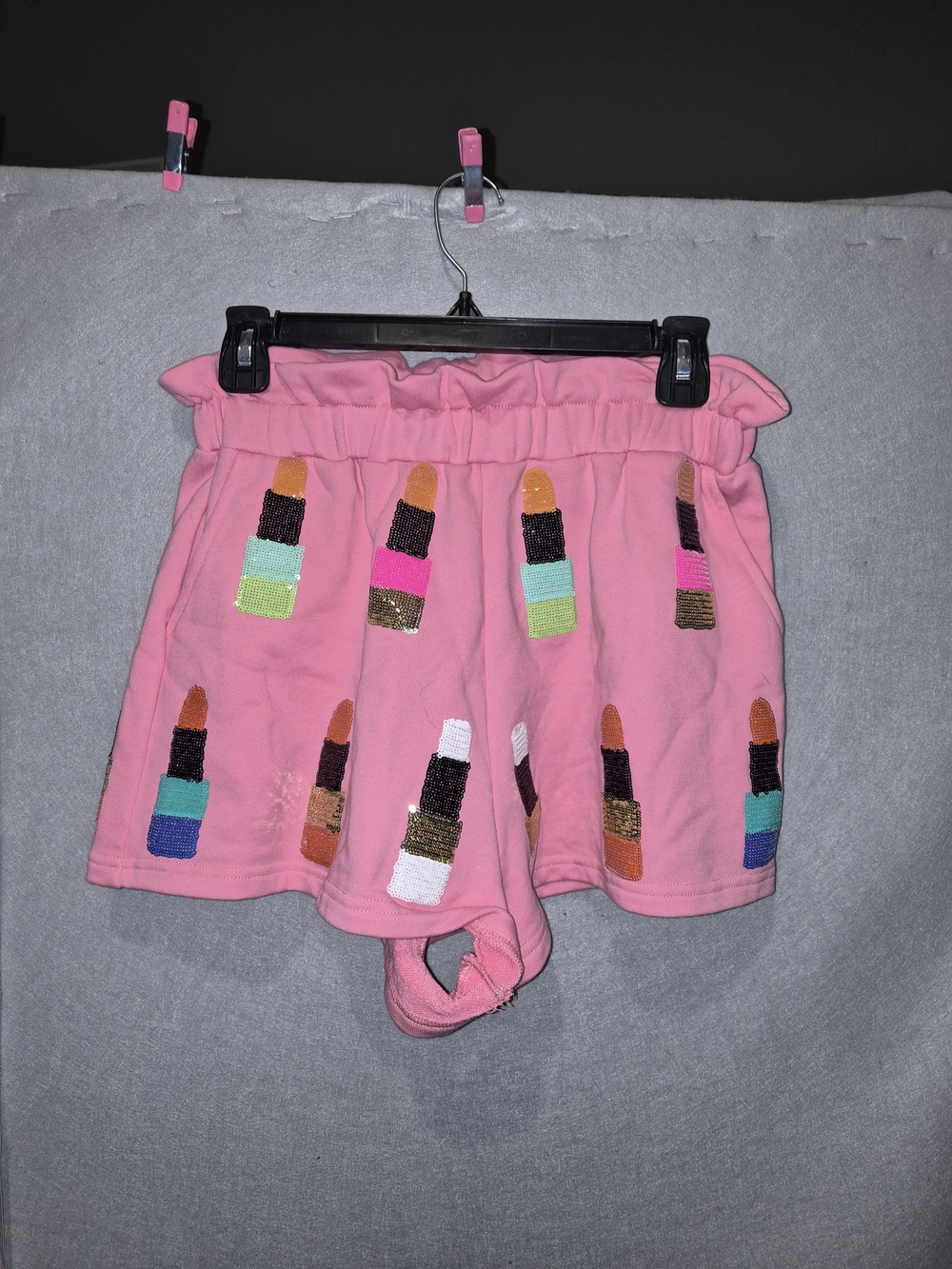 Queen of Sparkles Pink Sequin Lipstick Shorts XS Elastic Waist